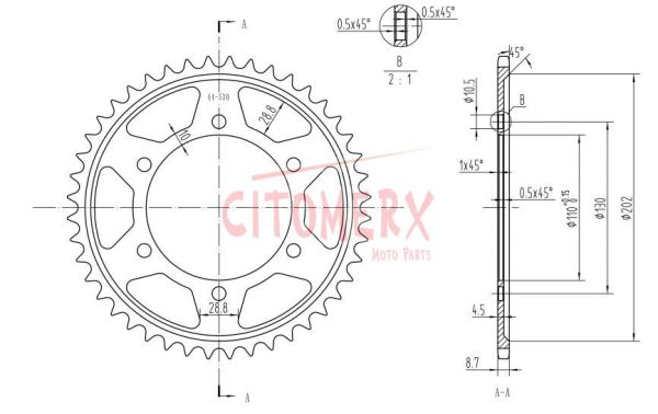 Kettenrad hinten 44 Zähne Teilung 530 Typ R479-44 für Kawasaki GPX 600 R, MZ 1000, Suzuki GSX-R 1000 (111048)